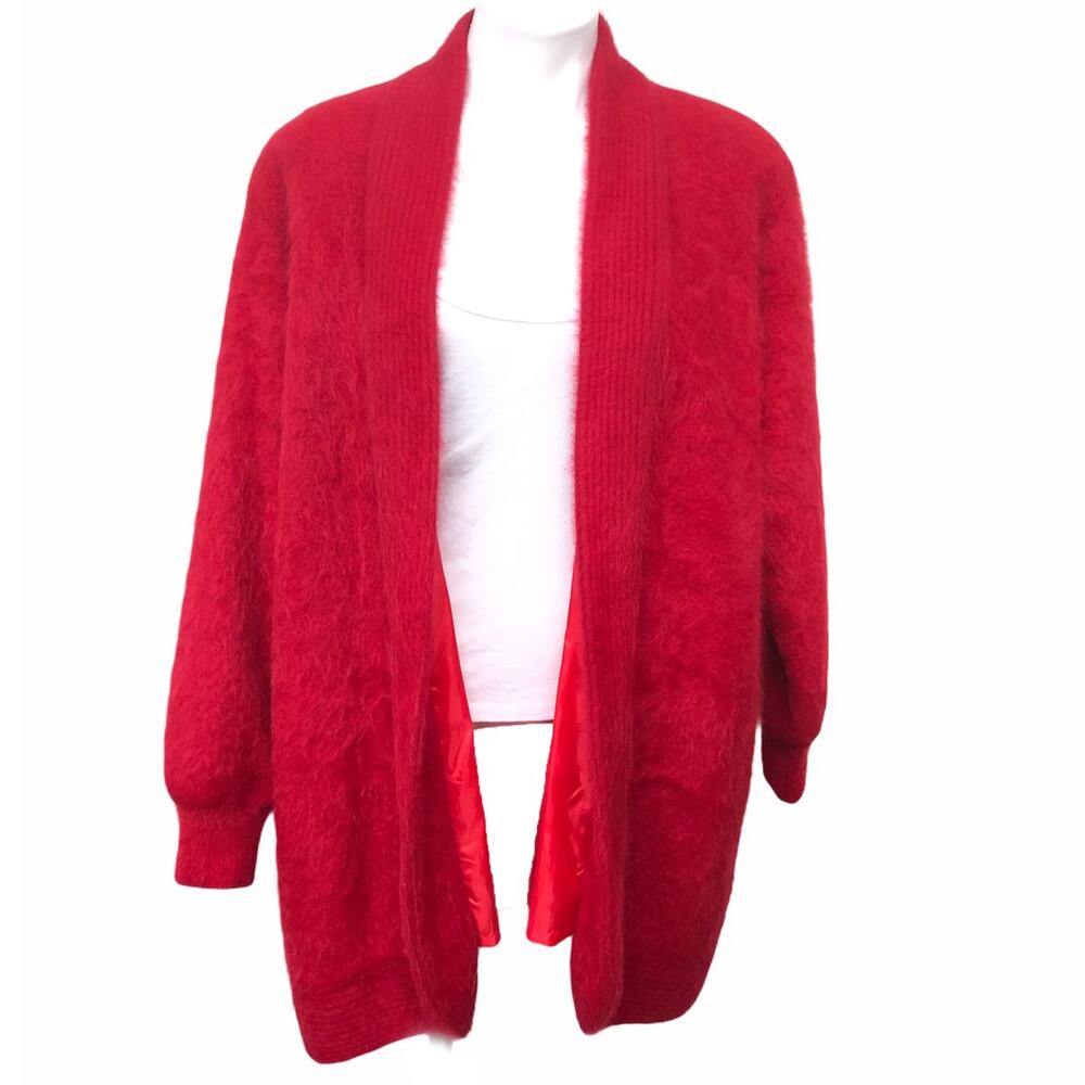 Venesha Cardigan Women's L Red Open Front Long Draped Angora Pockets Vintage